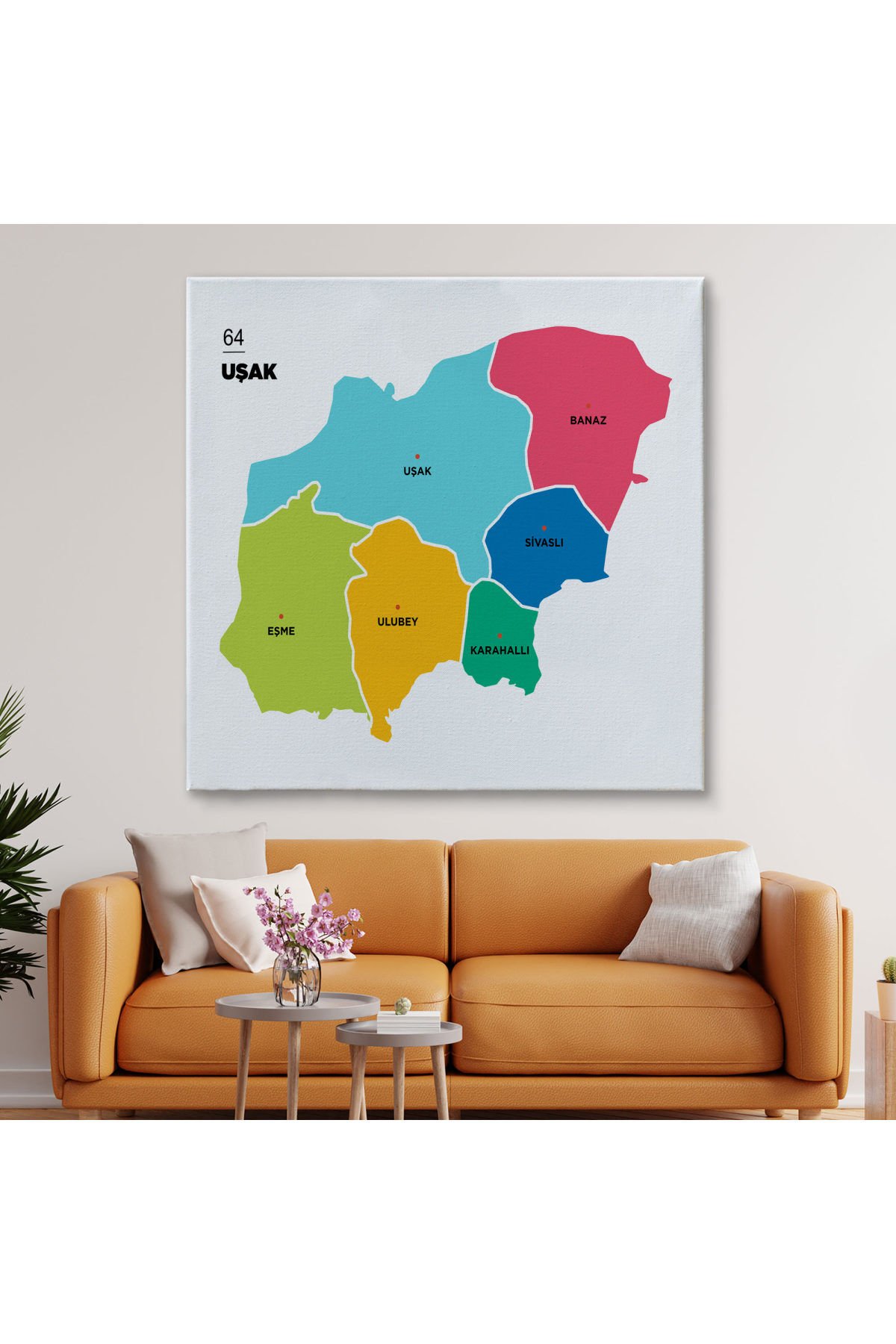 Uşak İli ve İlçeler Haritası Dekoratif Kanvas Tablo 1475