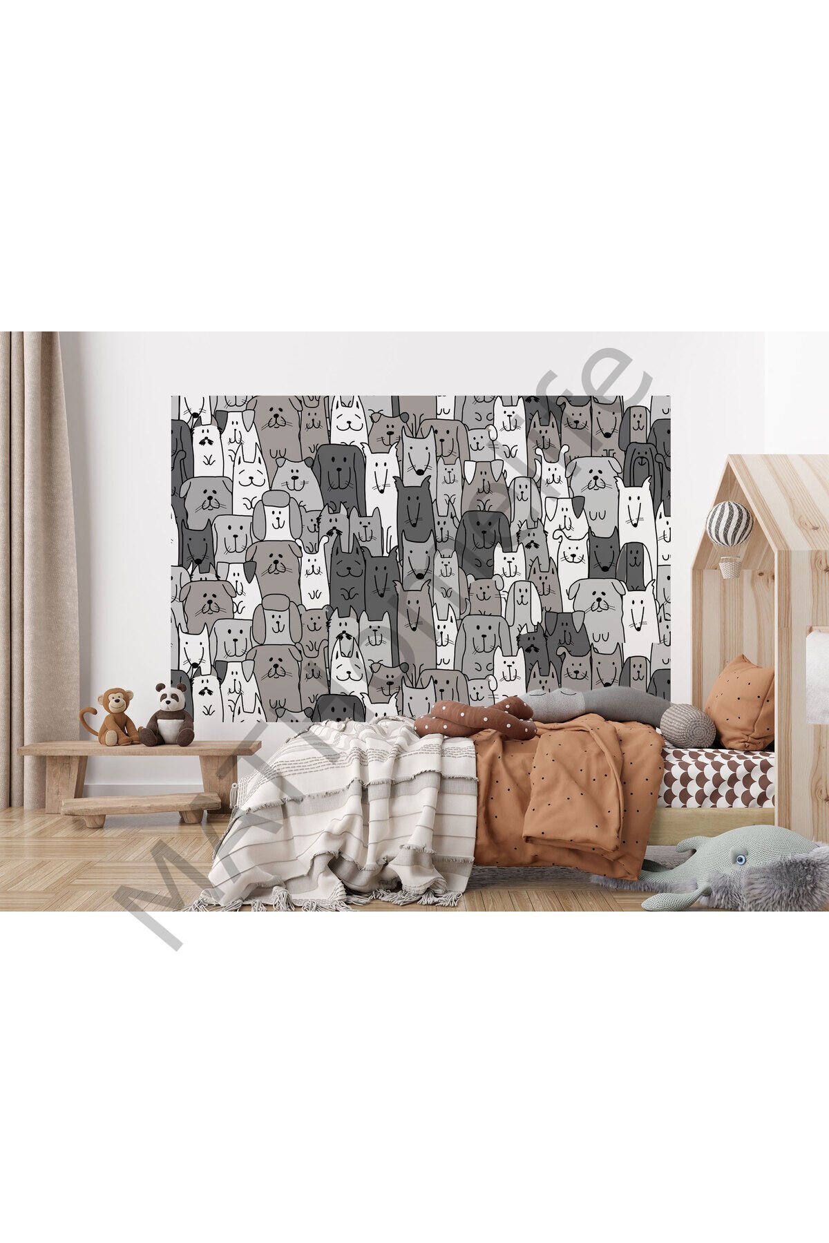 Siyah Beyaz Sevimli Köpekler Desenli Öğretici Çocuk Odası Duvar Kağıdı-5746