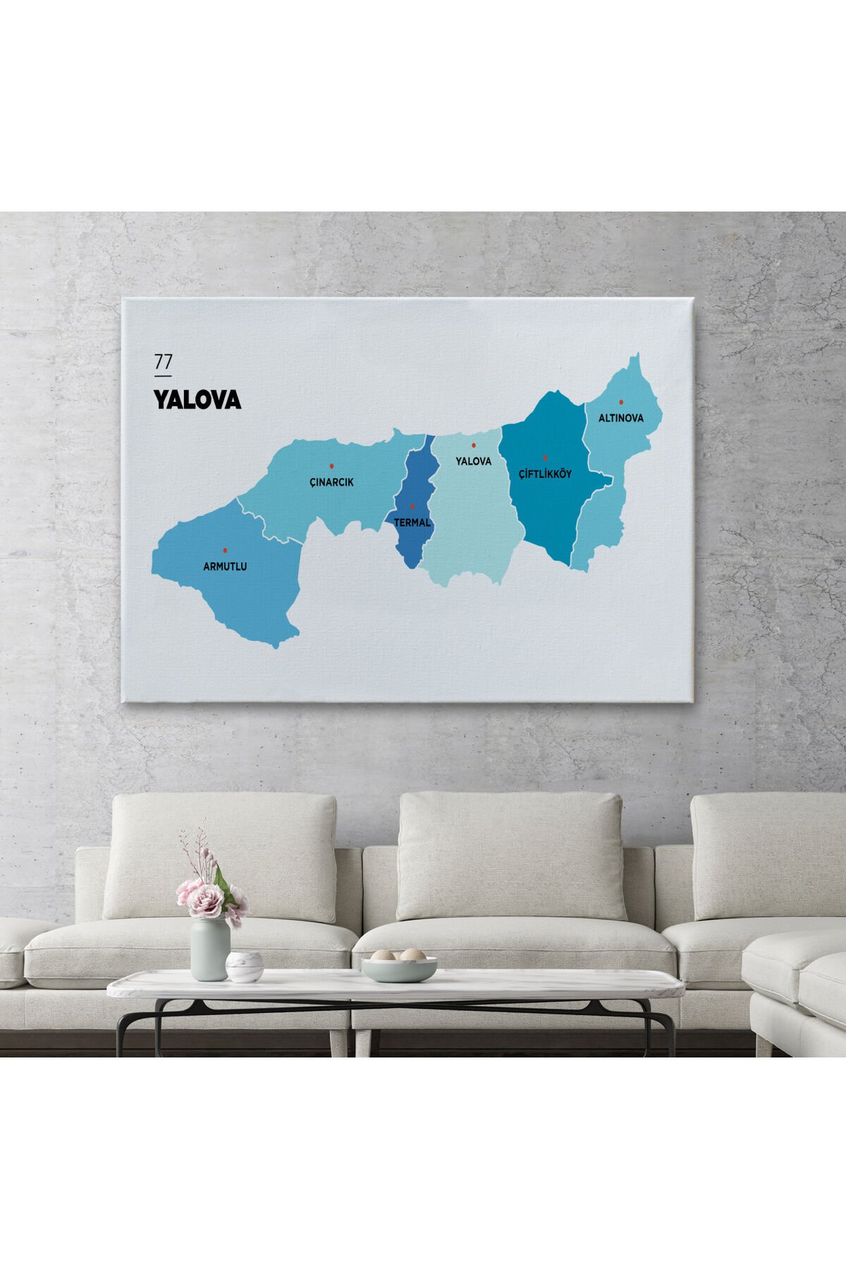 Yalova İli ve İlçeler Haritası Dekoratif Kanvas Tablo 1483