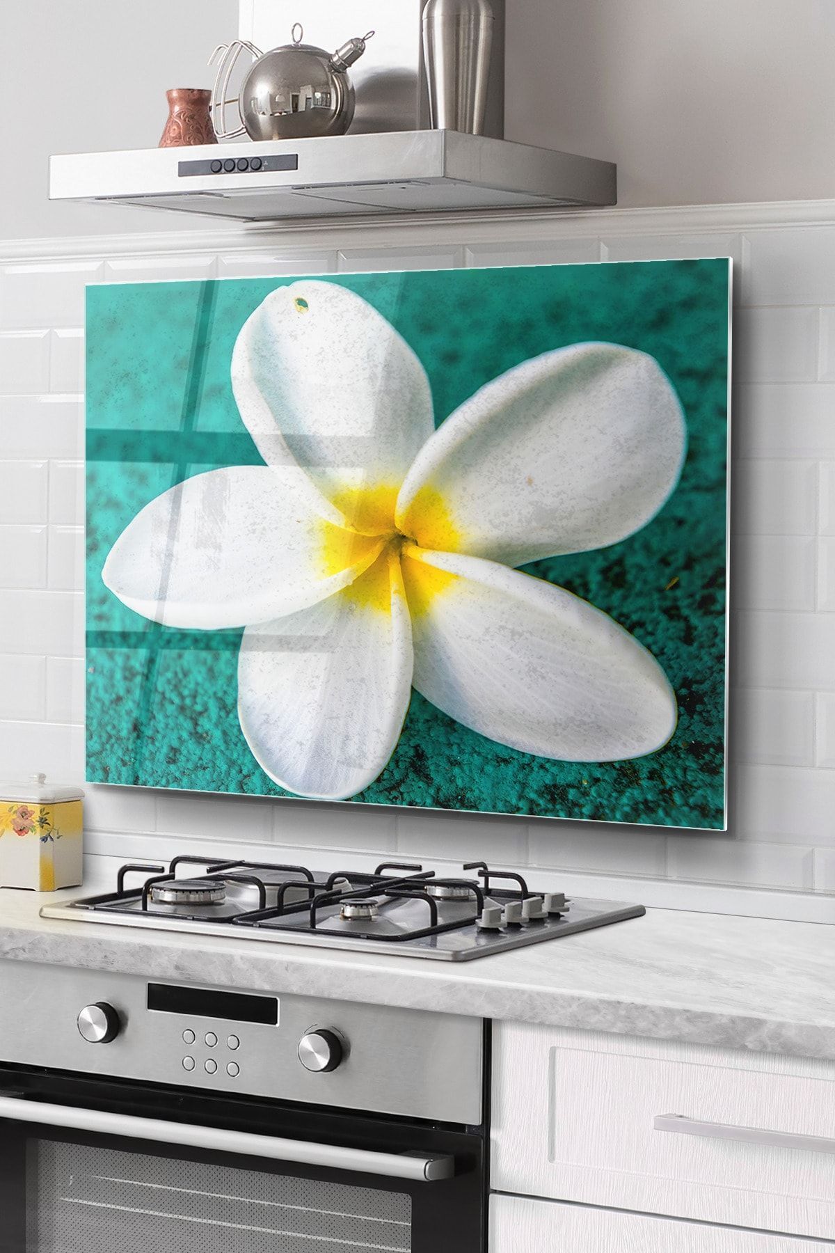 Ocak Arkası Cam Koruyucu Tezgah Ankastre Arkası Koruyucu | Plumeria Çiçek Desenli