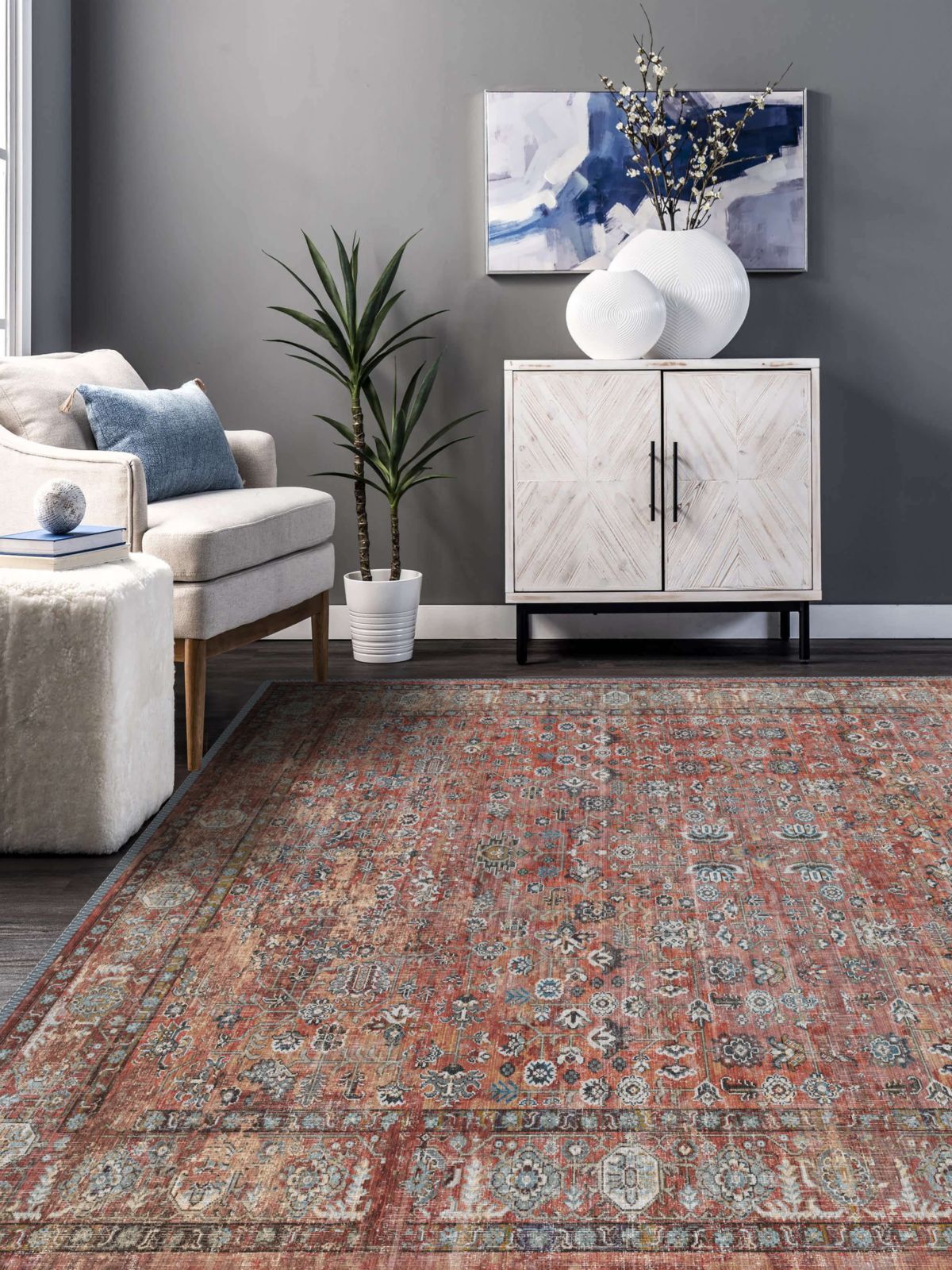 Vintage Desenli Halı, Pamuk Dokuma Pamuklu Taban Dekoratif Halı Kilim 35 - 60 x 100