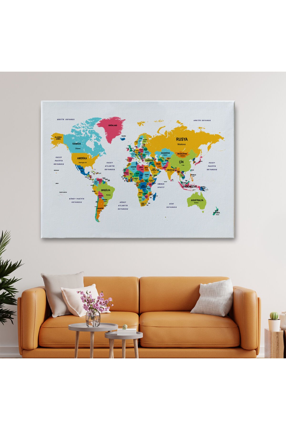 Türkçe Dünya Haritası Dekoratif Kanvas Tablo Ülke ve Başkentli 1542