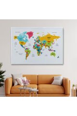 Türkçe Dünya Haritası Dekoratif Kanvas Tablo Ülke ve Başkentli 1542