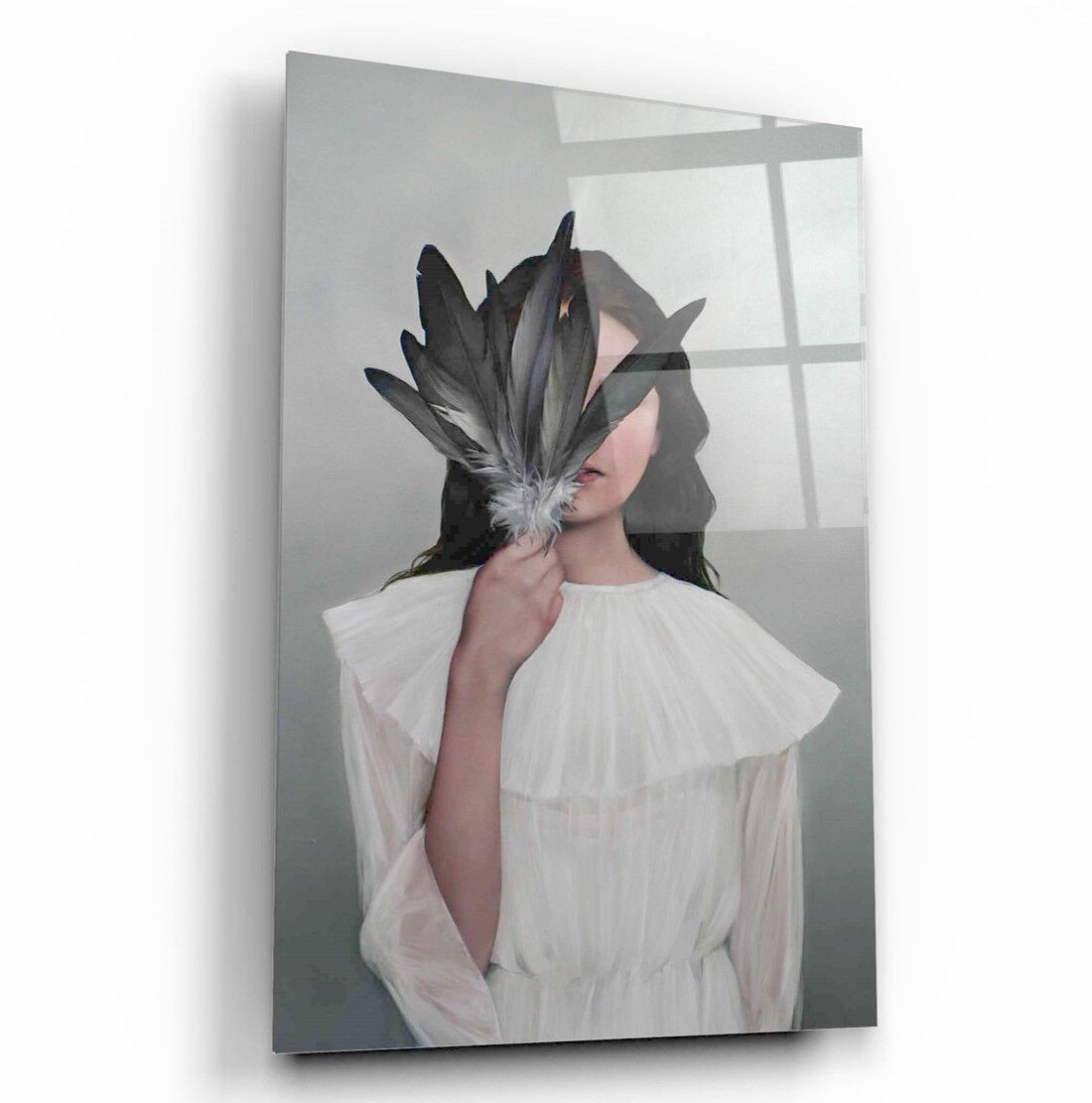 Kadın ve Kuş tüyü Cam Tablo Özel Tasarım Ofis, Mutfak Çocuk Odası, Salon Dekorasyon