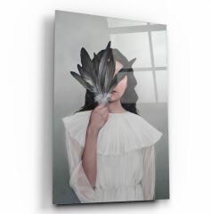 Kadın ve Kuş tüyü Cam Tablo Özel Tasarım Ofis, Mutfak Çocuk Odası, Salon Dekorasyon