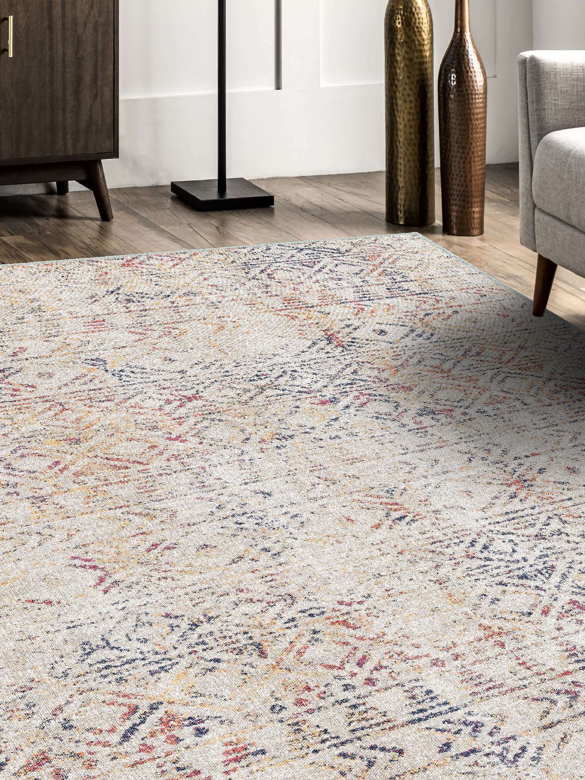 Vintage Desenli Halı, Pamuk Dokuma Pamuklu Taban Dekoratif Halı Kilim 86 - 60 x 100