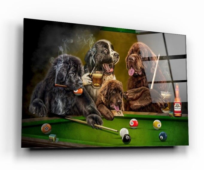Bilardo ve Köpekler Cam Tablo Özel Tasarım Ofis, Mutfak Çocuk Odası, Salon Dekorasyon