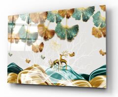 Gold Çiçekler Cam Tablo Özel Tasarım Ofis, Mutfak Çocuk Odası, Salon Dekorasyon