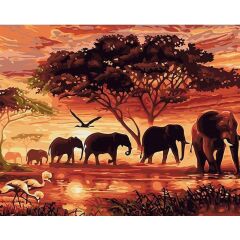 Kanvas Savan Ağacı Ve Filler Afrika Sayılarla Boyama Seti  Rulo