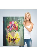 Çiçek Başlı Kadın Portresi Yağlıboya Görünüm Dekoratif Kanvas Duvar Tablosu -5124