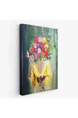 Çiçek Başlı Kadın Portresi Yağlıboya Görünüm Dekoratif Kanvas Duvar Tablosu -5124