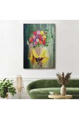 Çiçek Başlı Kadın Portresi Yağlıboya Görünüm Dekoratif Kanvas Duvar Tablosu -5124