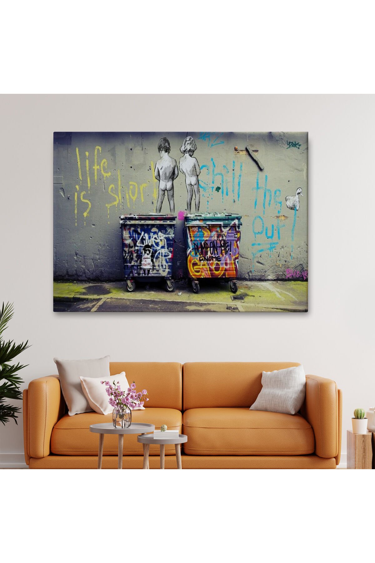 Bansky Çöp Kutusuna İşeyen Çocuklar Kanvas Tablosu / Hayat Kısa-5154