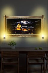 RUSTİK IŞIKLI Galata Kulesi Gece Kanvas Rustik Tablo K
