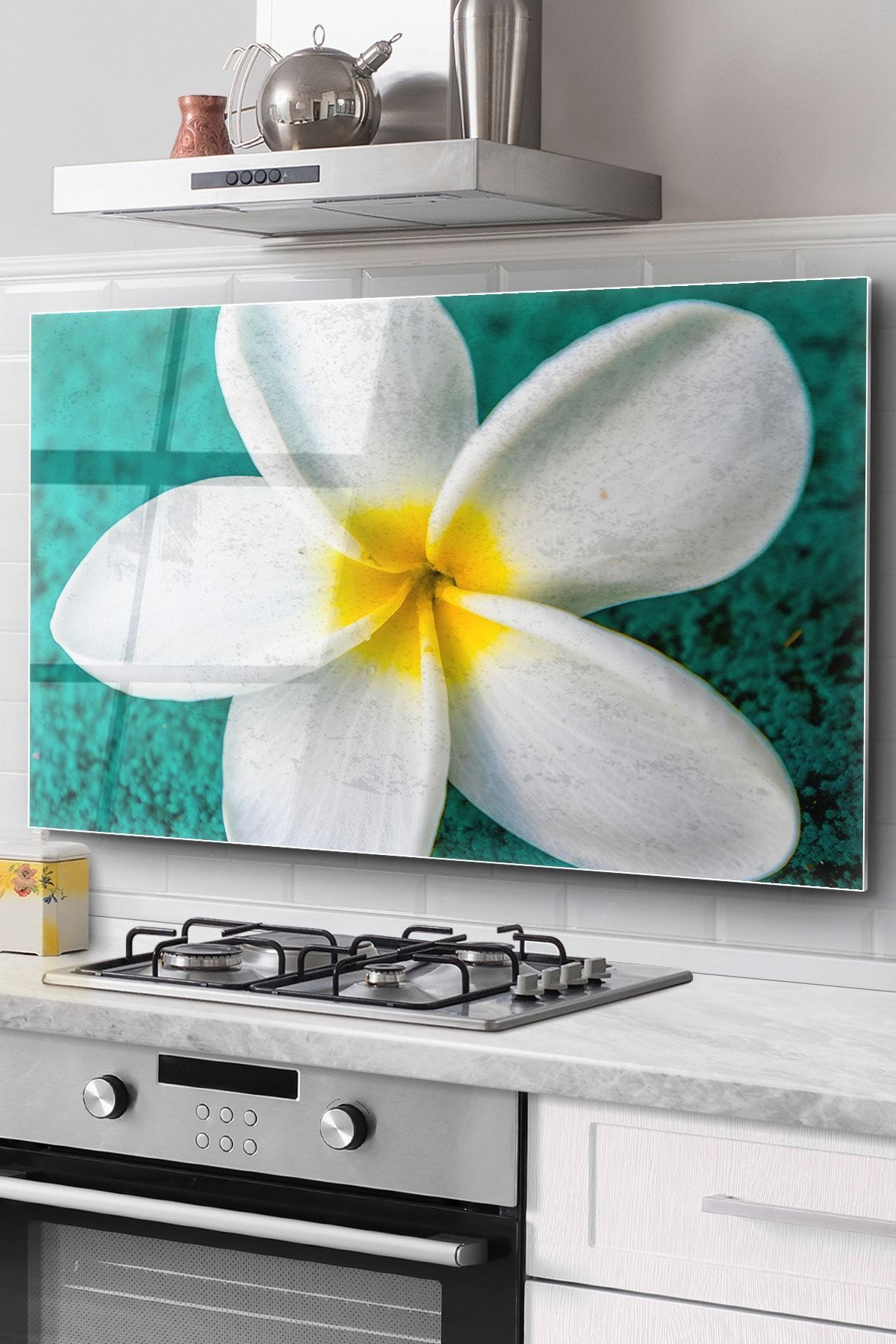 Ocak Arkası Cam Koruyucu Tezgah Ankastre Arkası Koruyucu | Plumeria Çiçek Desenli