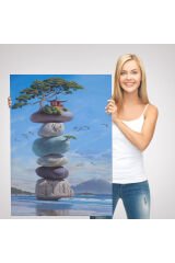Sahilde Renkli Denge Taşları, Meditasyon, Yoga, Spiritüel Baskı Kanvas Tablo-5239