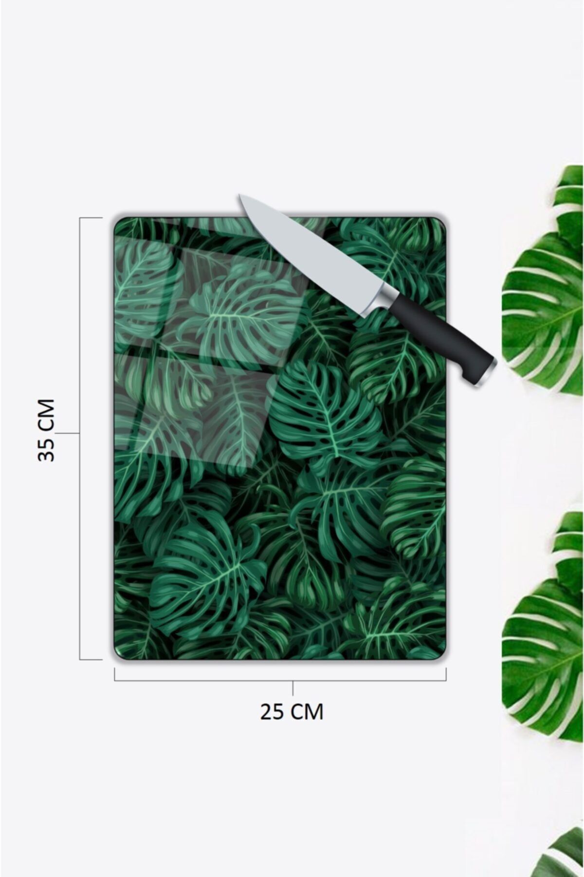 Yeşil Yapraklar Cam Kesme Tahtası  25 x 35 cm