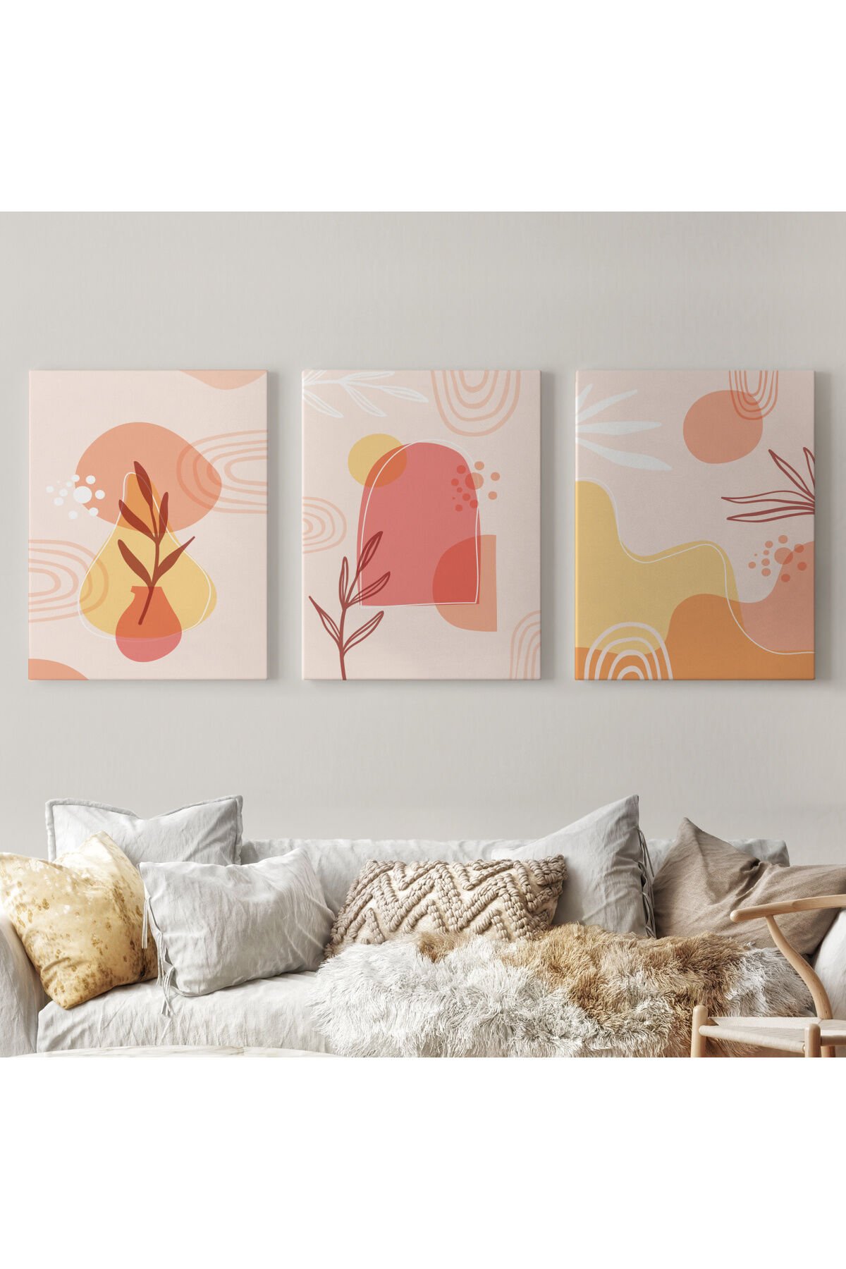 3’lü Tablo Minimal Şekiller ve Bitkiler Dekoratif Şık ve Modern Duvar Tablo Seti-BF-31