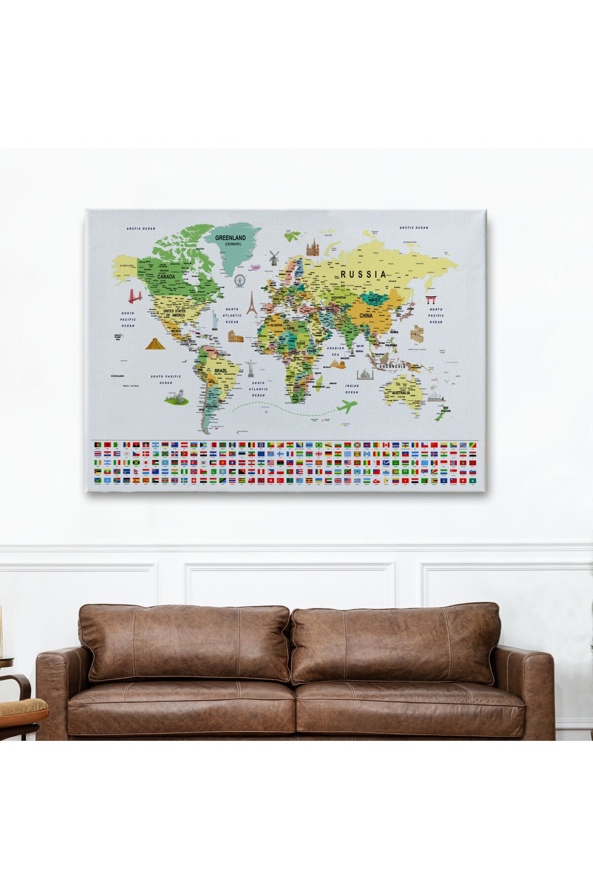 Dünya Haritası Ayrıntılı Eğitici Sembollü Bayraklı Dekoratif Kanvas Tablo 2847