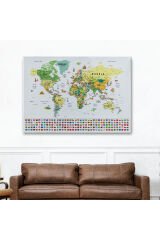 Dünya Haritası Ayrıntılı Eğitici Sembollü Bayraklı Dekoratif Kanvas Tablo 2847