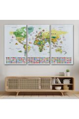 Dünya Haritası Ayrıntılı Eğitici Sembollü Bayraklı Dekoratif Kanvas Tablo 2847