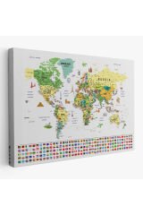 Dünya Haritası Ayrıntılı Eğitici Sembollü Bayraklı Dekoratif Kanvas Tablo 2847