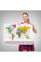Türkçe Dünya Haritası Ayrıntılı Eğitici Sembollü Bayraklı Dekoratif Kanvas Tablo 2868