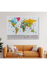 Türkçe Dünya Haritası Ayrıntılı Eğitici Sembollü Bayraklı Dekoratif Kanvas Tablo 2868