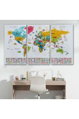 Türkçe Dünya Haritası Ayrıntılı Eğitici Sembollü Bayraklı Dekoratif Kanvas Tablo 2868
