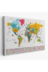 Türkçe Dünya Haritası Ayrıntılı Eğitici Sembollü Bayraklı Dekoratif Kanvas Tablo 2868