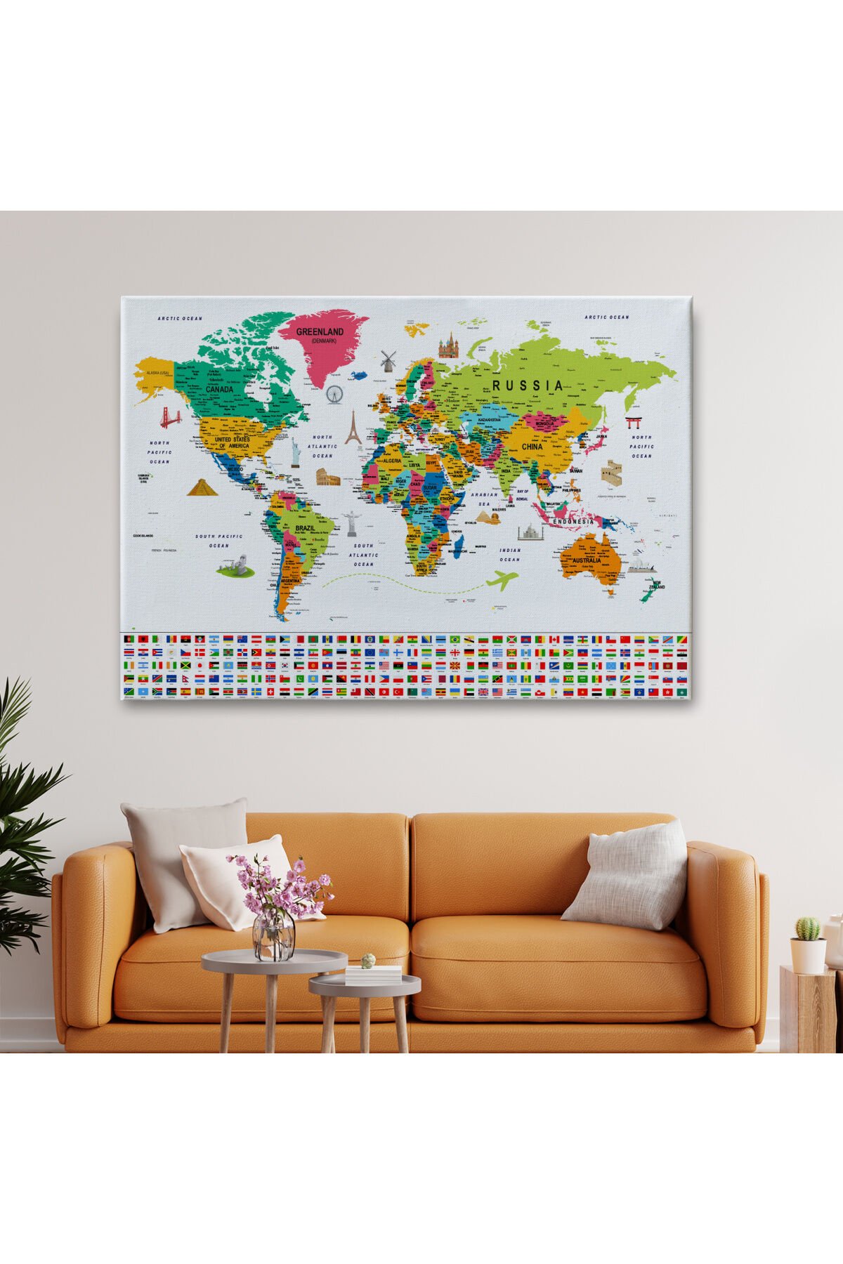 Dünya Haritası Ayrıntılı Eğitici Sembollü Bayraklı Dekoratif Tablo2869