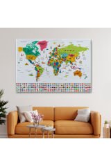 Dünya Haritası Ayrıntılı Eğitici Sembollü Bayraklı Dekoratif Tablo2869