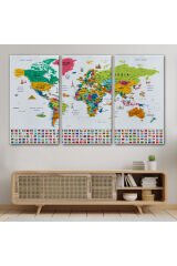 Dünya Haritası Ayrıntılı Eğitici Sembollü Bayraklı Dekoratif Tablo2869