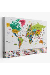 Dünya Haritası Ayrıntılı Eğitici Sembollü Bayraklı Dekoratif Tablo2869