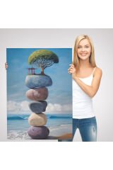 Sahilde Renkli Denge Taşları Kanvas Tablo, Terapi, Meditasyon, Yoga Baskısı-5322