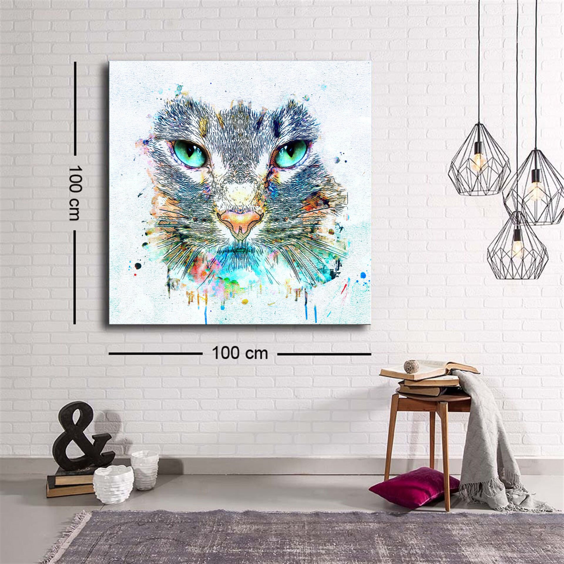 Dekoratif Baskı illüstrasyon Cat Face Kare Kanvas Tablo