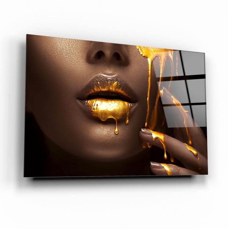 Gold Kadın Dudağı Cam Tablo Özel Tasarım Ofis, Mutfak Çocuk Odası, Salon Dekorasyon