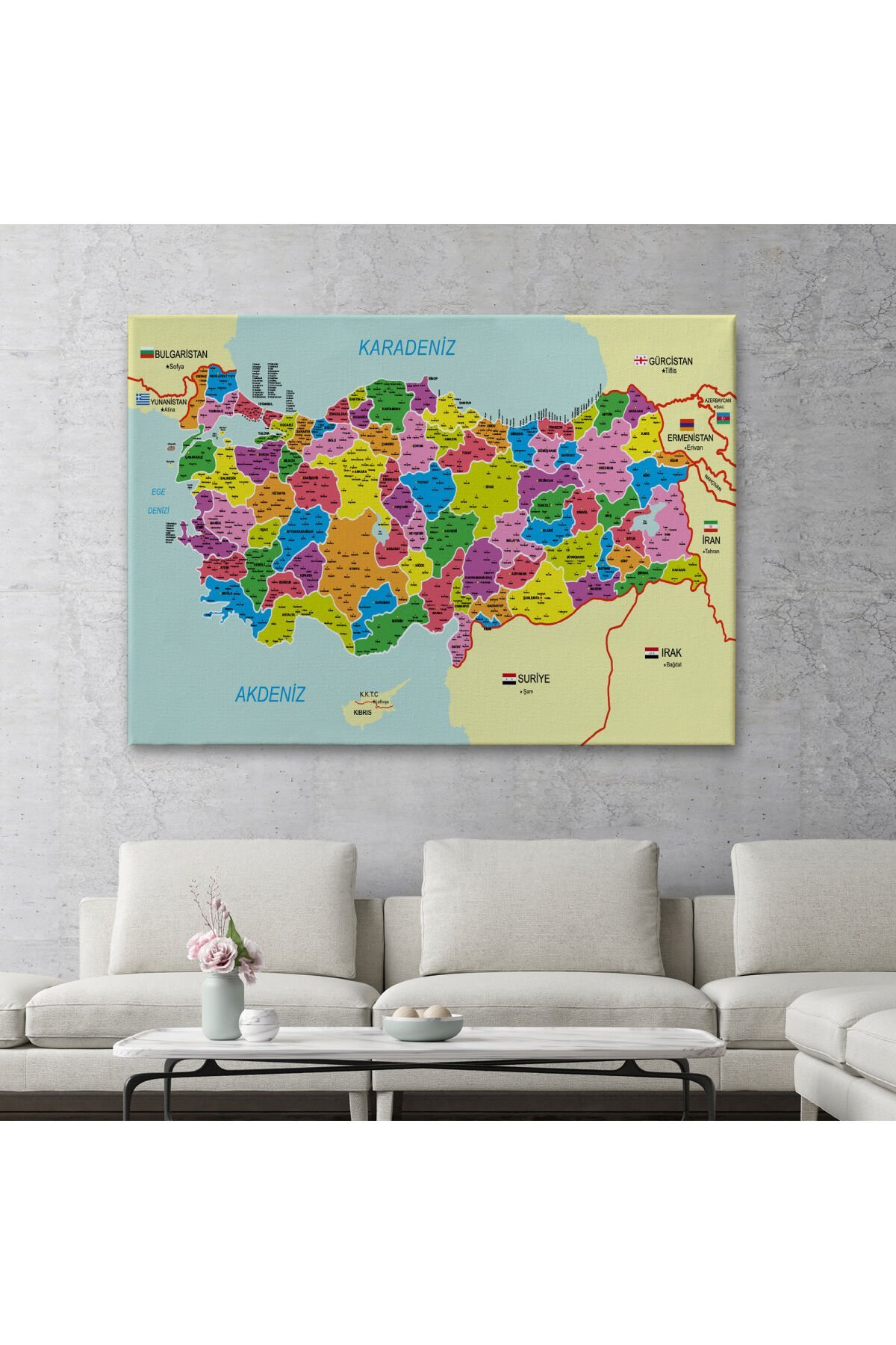 Türkiye Haritası Kanvas Tablo İl ve İlçeli Ayrıntılı Eğitici Komşulu Tablo 3001