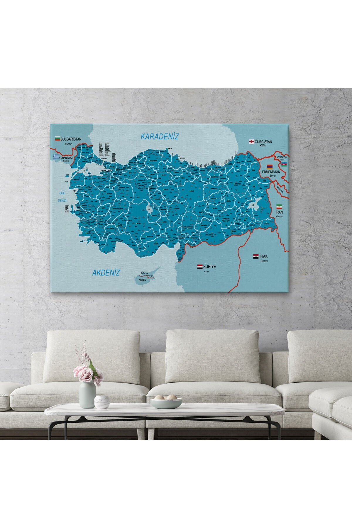 Türkiye Haritası Kanvas Tablo İl ve İlçeli Ayrıntılı Eğitici Komşulu Tablo 3003
