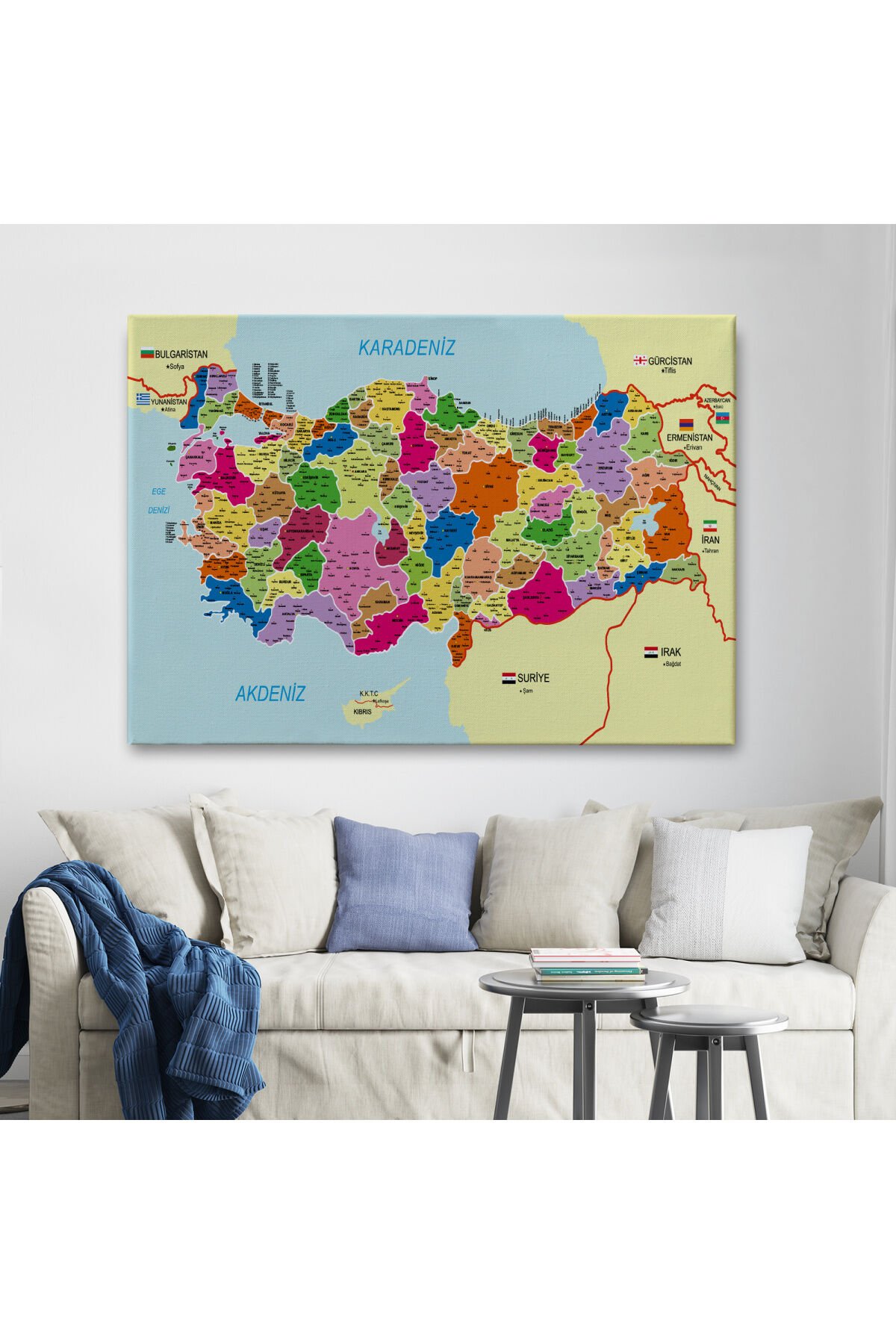 Türkiye Haritası Kanvas Tablo İl ve İlçeli Ayrıntılı Eğitici Komşulu Tablo 3008