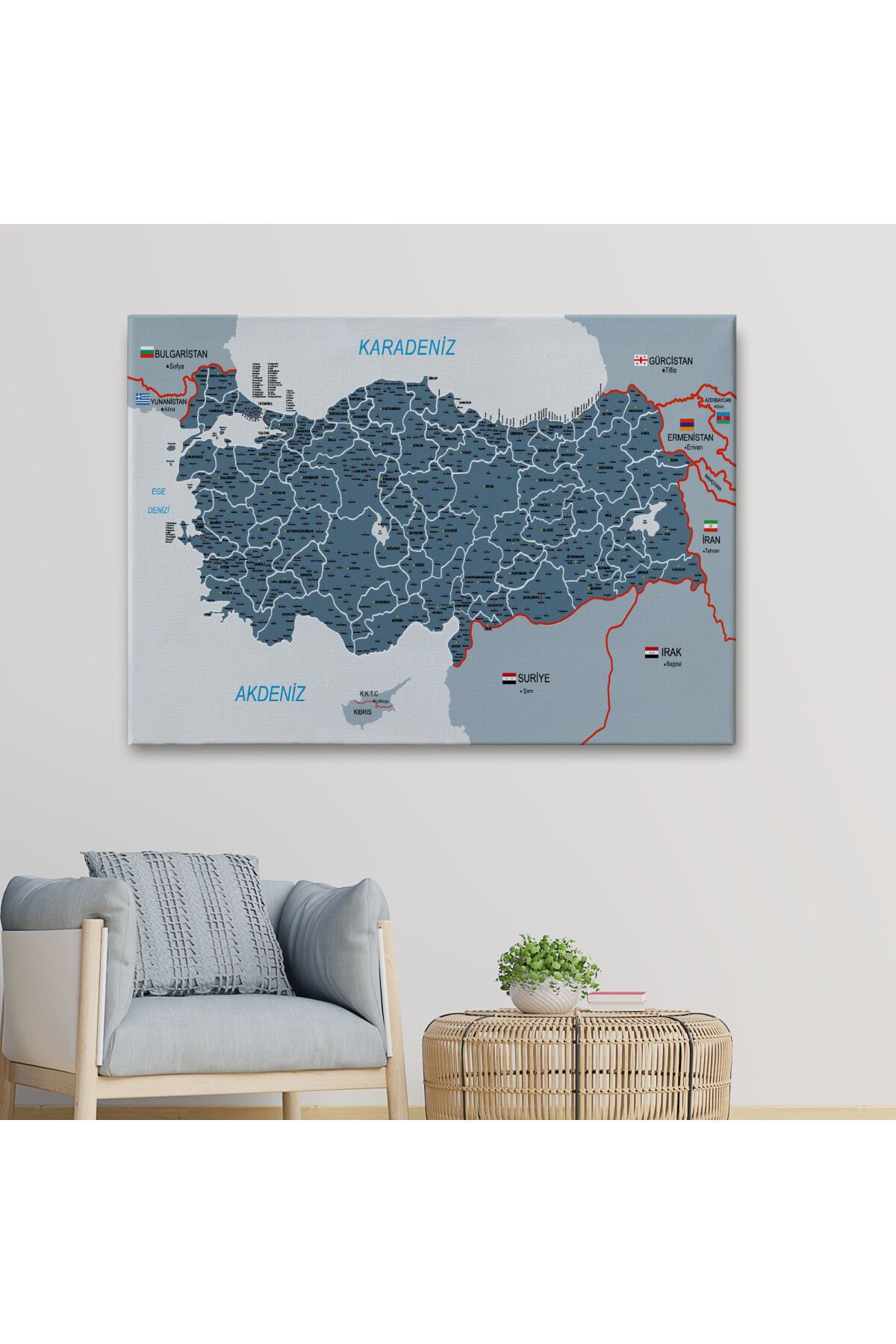 Türkiye Haritası Kanvas Tablo İl ve İlçeli Ayrıntılı Eğitici Komşulu Tablo 3009