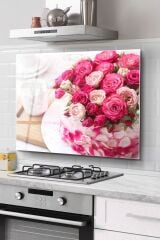 Ocak Arkası Cam Koruyucu Tezgah Ankastre Arkası Koruyucu | Pembe Çiçekler Ve Kahve Fincanı