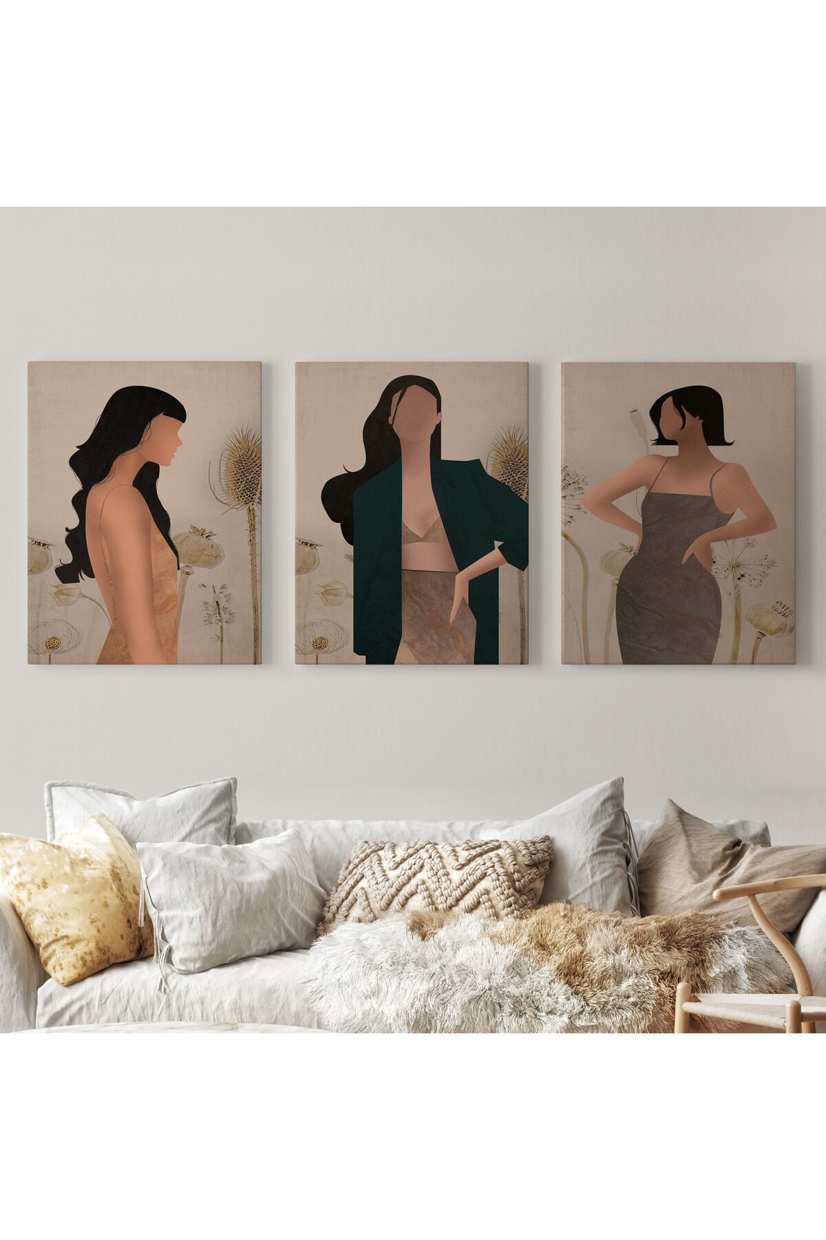 Yüzsüz Soyut Kandınlar Dekoratif Duvar Tablosu Üçlü Set-DŞ-96