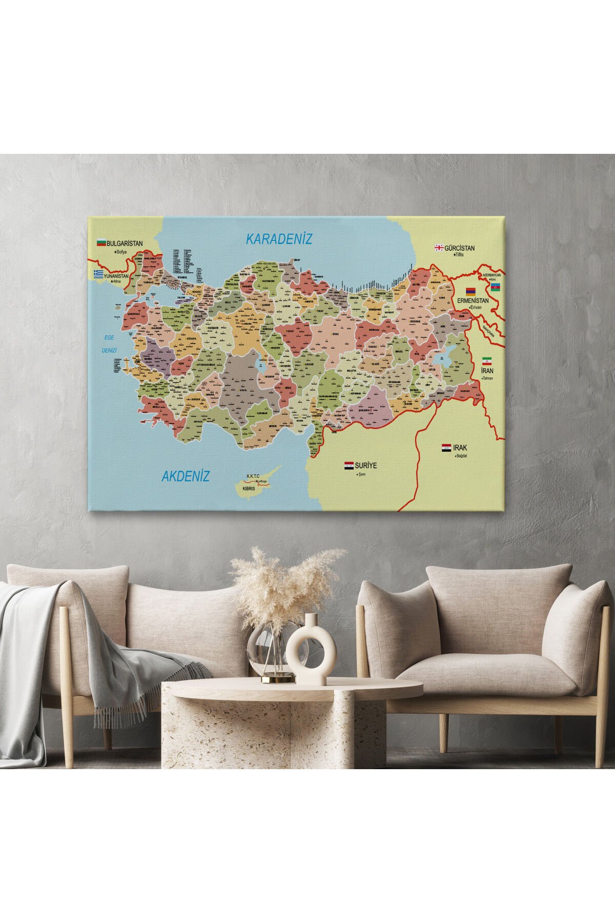 Türkiye Haritası Kanvas Tablo İl ve İlçeli Ayrıntılı Eğitici Komşulu Tablo 3017