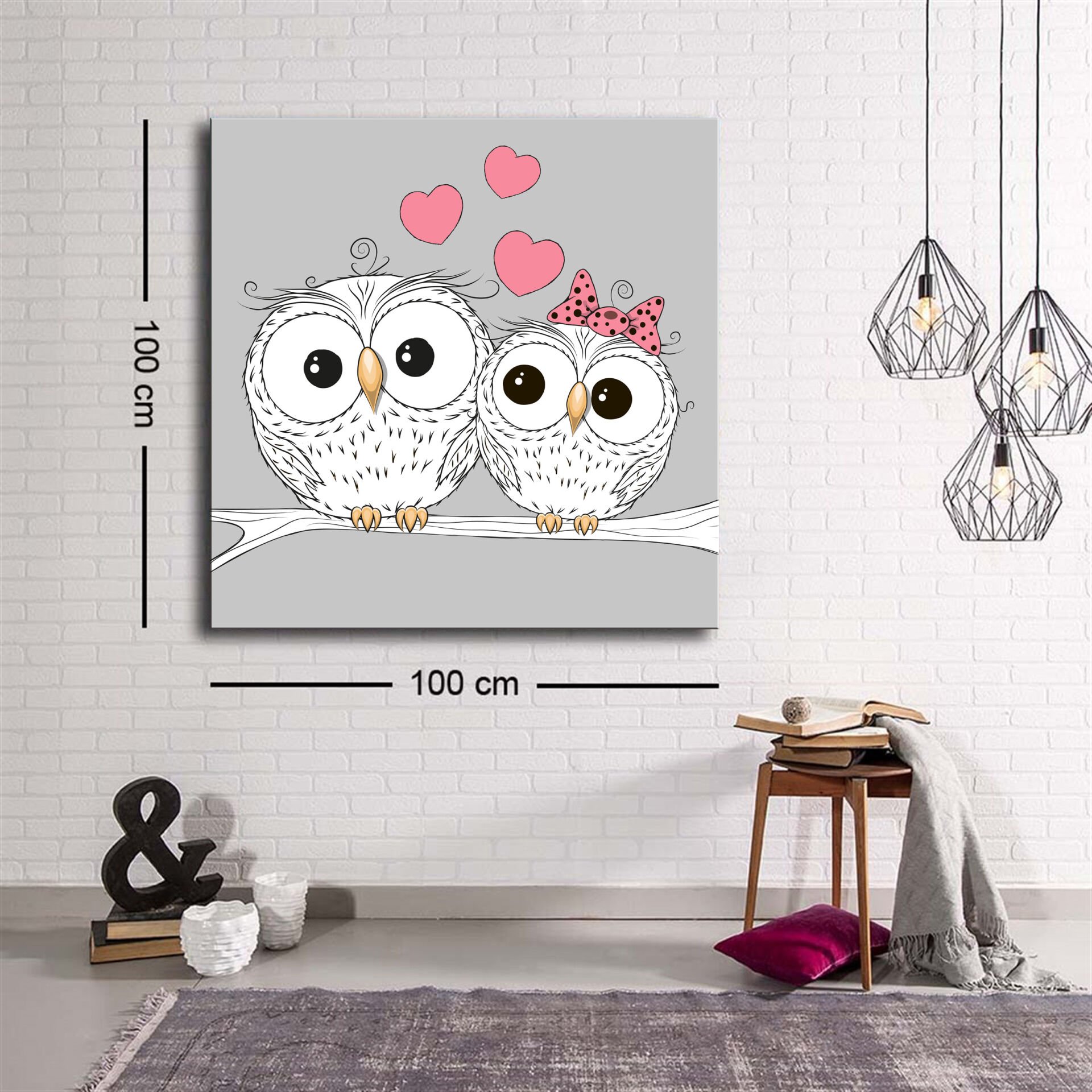 Dekoratif Baskı illüstrasyon Owl Love Kare Kanvas Tablo