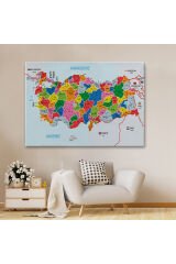 Türkiye Haritası Kanvas Tablo İl ve İlçeli Ayrıntılı Eğitici Komşulu Tablo 3023