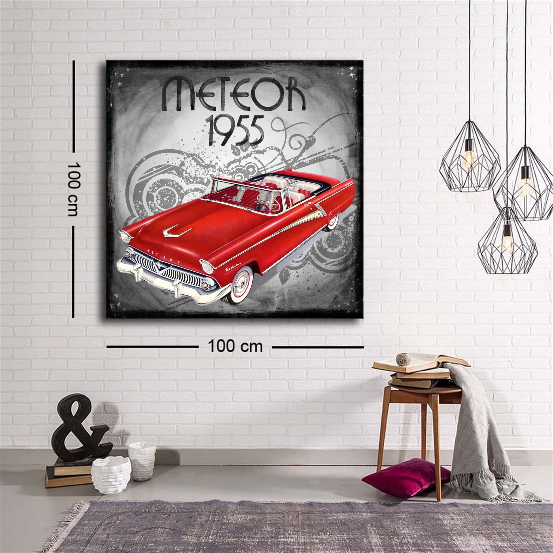 Dekoratif Baskı illüstrasyon Retro Red Car 1955 2 Kare Kanvas Tablo