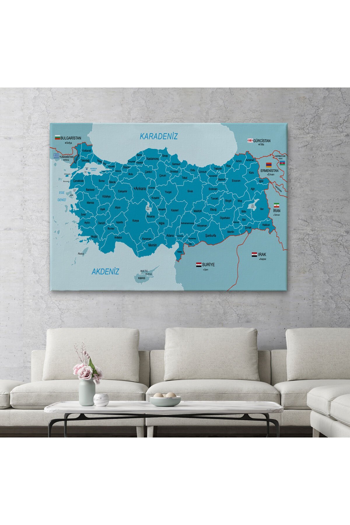 Türkiye Haritası Kanvas Tablo Sınır Komşulu Eğitici Dekoratif Tablo 3087