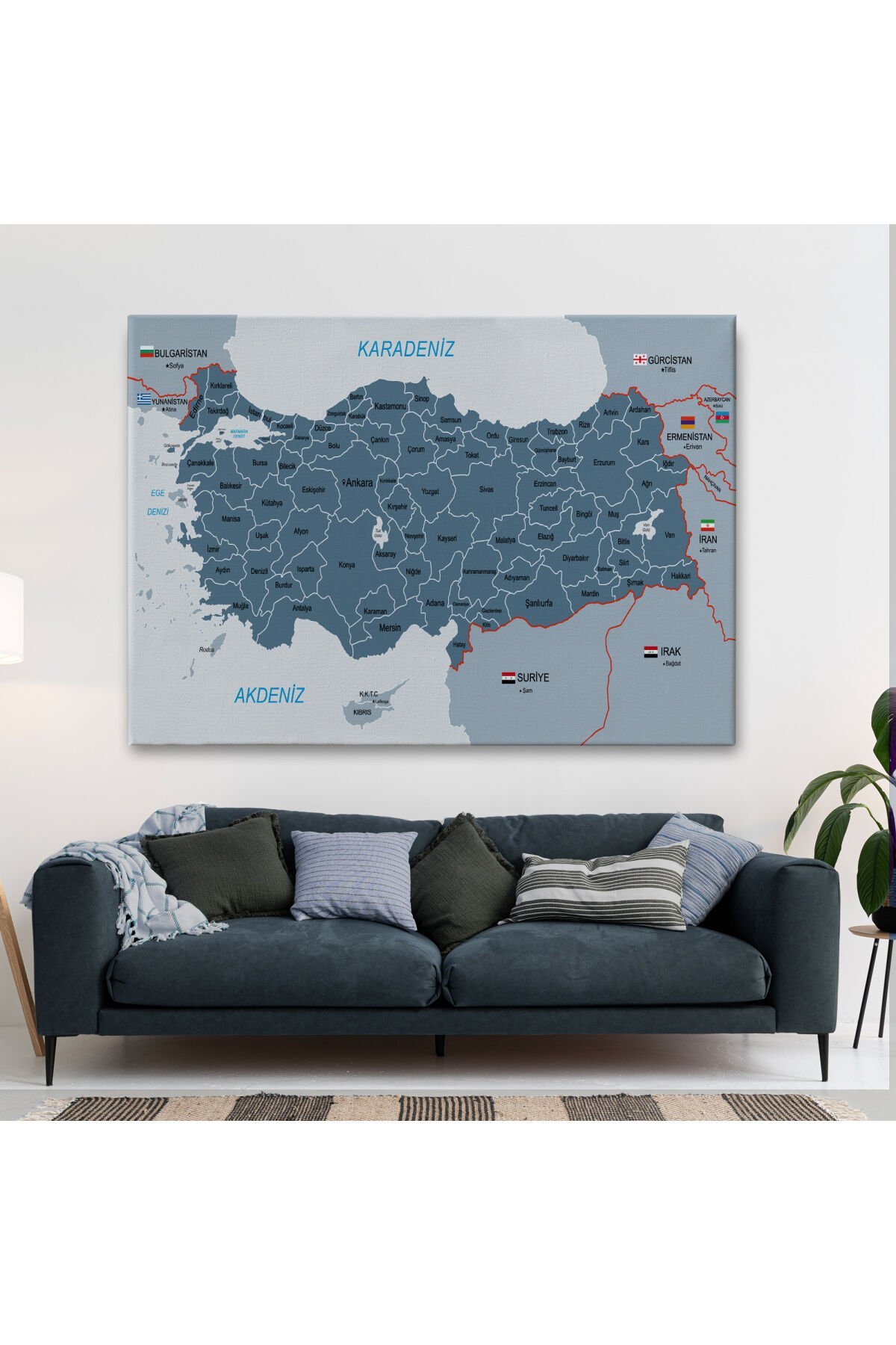Türkiye Haritası Kanvas Tablo Sınır Komşulu Eğitici ve Öğretici Dekoratif Tablo 3093