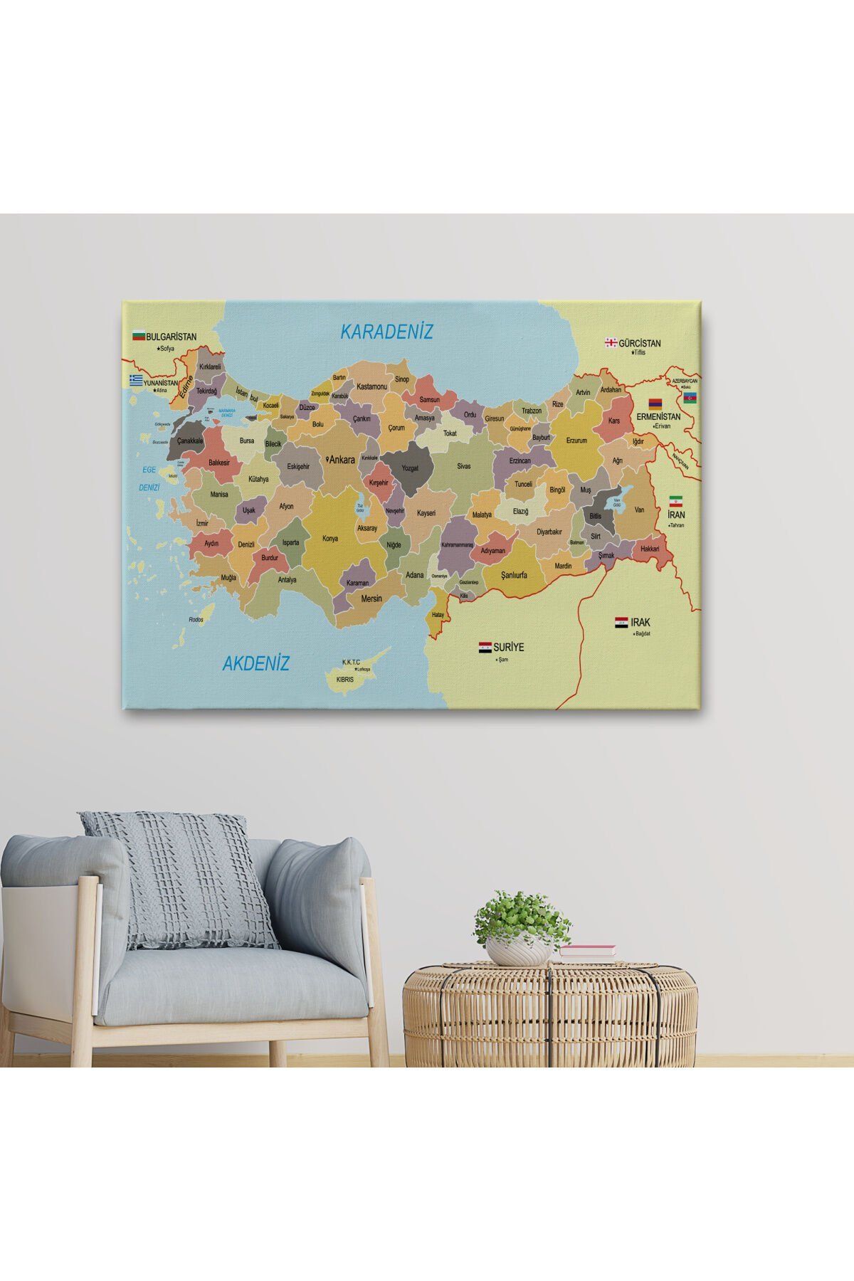 Türkiye Haritası Kanvas Tablo Sınır Komşulu Eğitici Dekoratif Tablo 3098